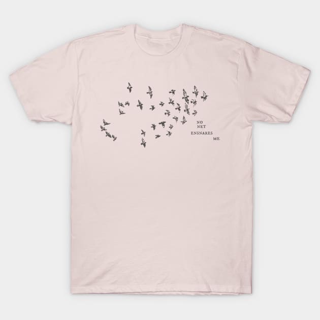 "No net ensnares me" + flock of birds - Jane Eyre quote, Charlotte Bronte (pale pink background) T-Shirt by Ofeefee